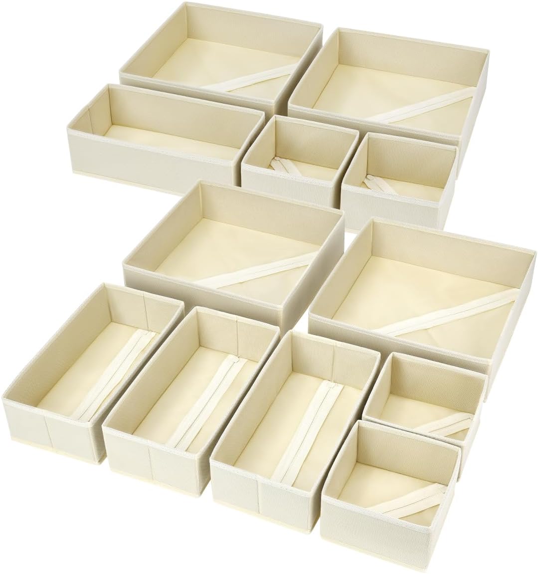 Drawer Organizer Clothes, 12 Pack Dresser Organizer, Foldable Closet Organizers and Storage, Fabric Dresser Bins, Drawer Dividers for Nursery, Baby Clothes, Underwears, Sock (Beige)