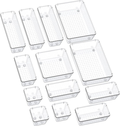 13-Piece Drawer Organizers with Non-Slip Silicone Pads, 5-Size Desk Bathroom Drawer Organizer Trays Storage Tray for Makeup, Jewelries, Utensils in Bedroom Dresser, Office and Kitchen, Clear
